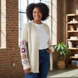 ADORA Granny Square Crochet Cardigan Sweater Plus Size 2X Boho Knit Open Front